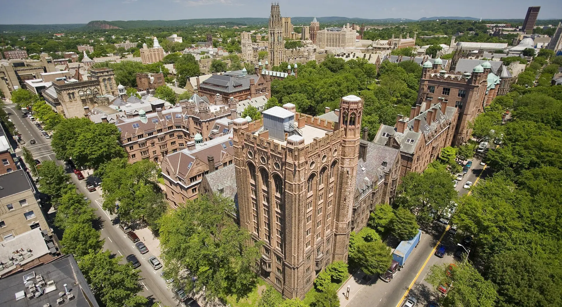 Aerial view Yale University campus New Haven CT historic gothic architecture