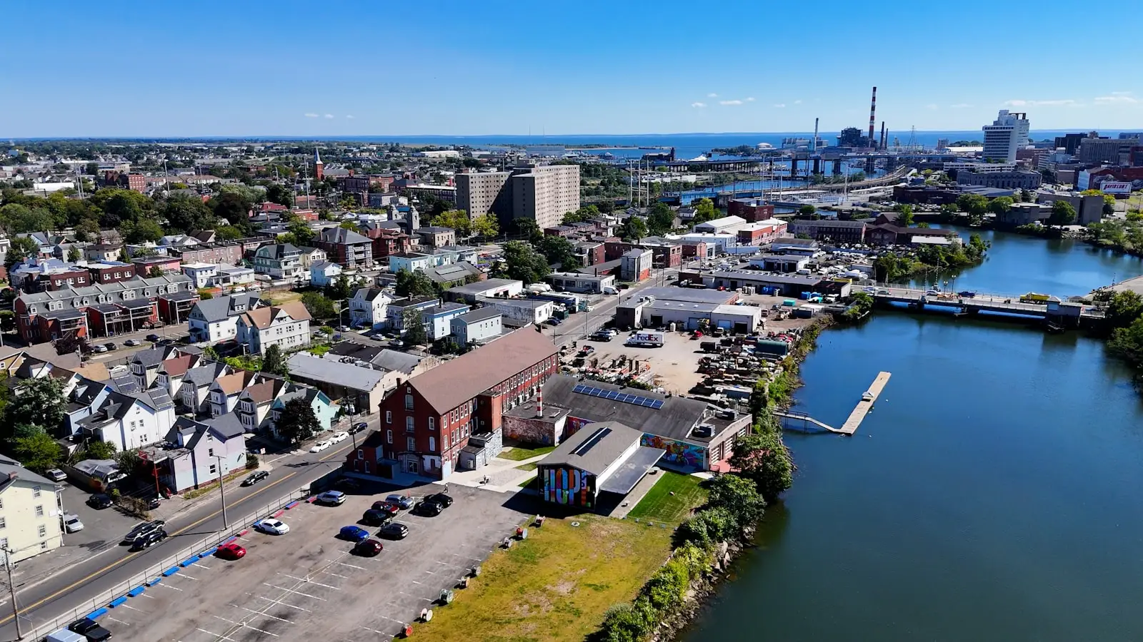 An aerial view of a city with a river running through it in Bridgeport Connecticut